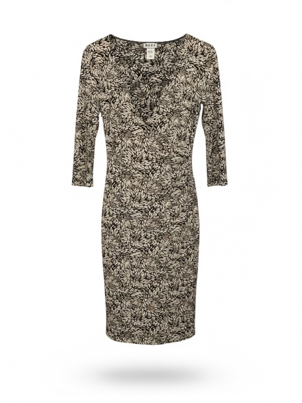 Vintage BCBG Black and Cream Leaf-Print V-Neck Sheath Dress